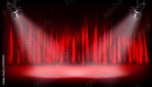 Theater auditorium with red curtain. Show on the stage. Spotlights on red background. Vector illustration.