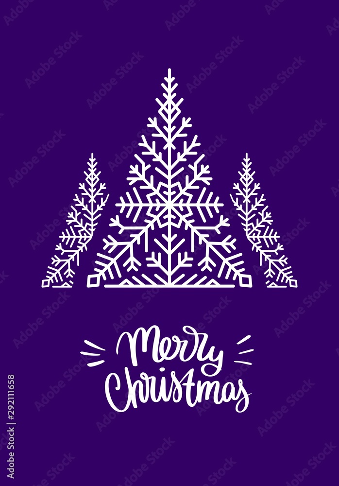 Merry Christmas invitation card with flat xmas tree composition from snowflakes and handwritten text on a violet background. Vector illustration