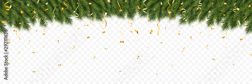 Festive Christmas or New Year Background. Christmas fir-tree branches with confetti. Holiday's Background. Vector illustration