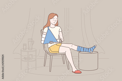 Crash, accident, injury concept. Invalid young girl suffers from a broken arm and leg. Woman disabled after car accident at home rehabilitation. Simple flat vector.