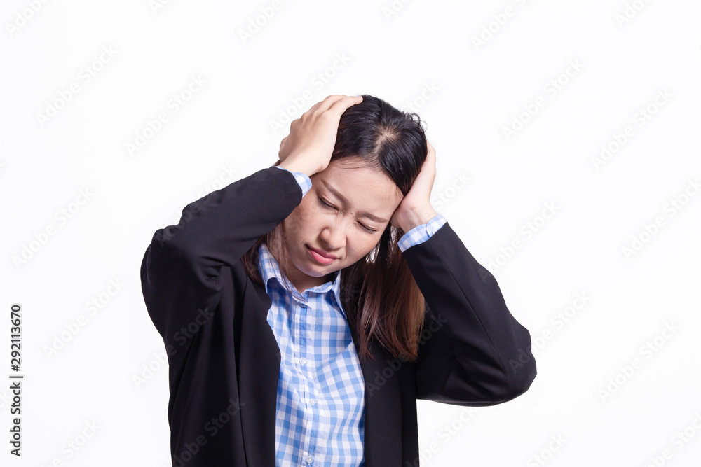 Portrait young attractive business woman in formal suit worry suffer from headache and stress Portrait young attractive business woman in formal suit worry suffer from headache and stress