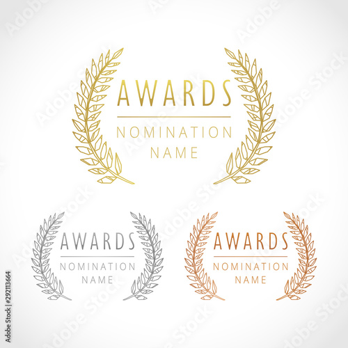 Awards logotype set. Isolated abstract graphic design template. Celebrating elegant nomination banner decorative old tradition collection of #1 #2 #3 place, round shining cup symbols. White background