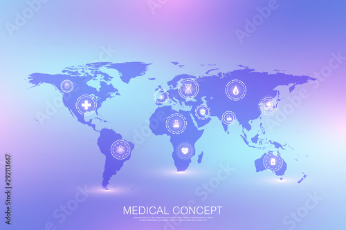 Medical concept Internet of Things IoT and pharmaceutical products background. World trade in pharmaceutical preparations, pharmacological business, pharmaceutical industry. Medical IOT icons