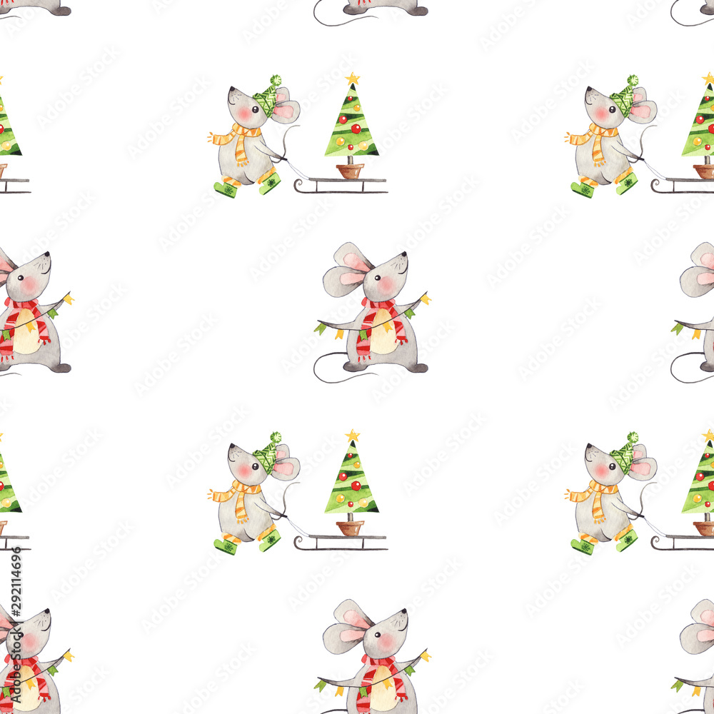 Fototapeta premium Watercolor handpainted seamless pattern with cute rats and christmas decor. Best for christmas design, greeting cards, wrapping paper, invitation, wallpaper, textile, new year decoration.