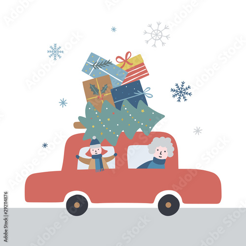 Christmas greeting card with red car, decorated fir tree and gifts. Cute vector illustration for winter holidays on white background