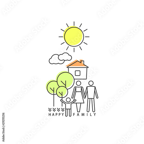 A happy family. Outline concept in modern style with parents and child, home in nature. Simple icons. Housing, property .and life insurance, mortgage, loans.