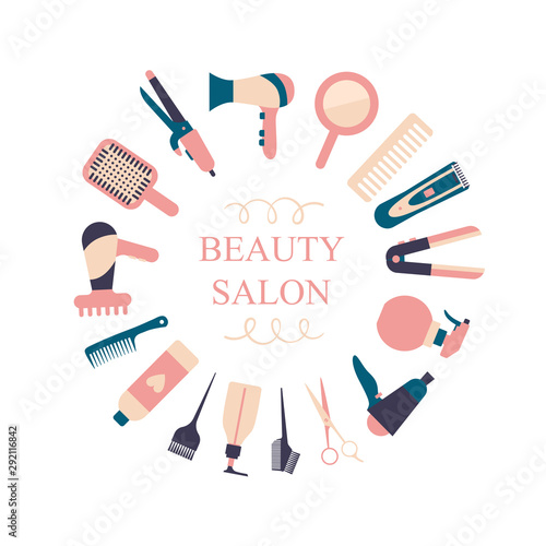 Vector card for hair salon. Hair instruments and elements on white background