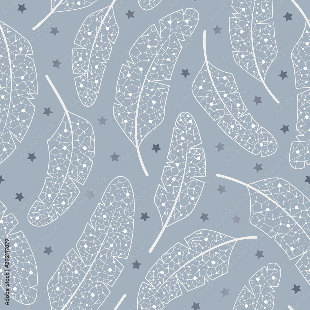 Lacey Winter Holiday Feathers and Sparkling Stars Vector Seamless Pattern
