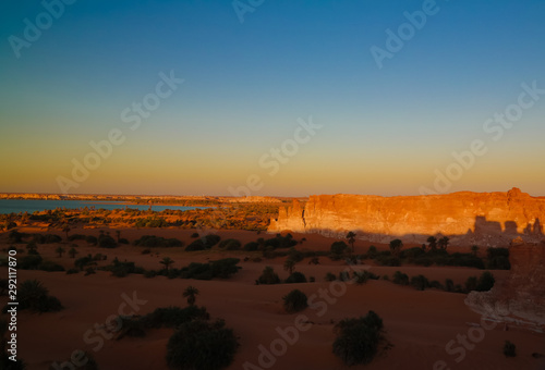 Aerial sunrise Panoramic view to Yoa lake group of Ounianga kebir lakes at the Ennedi, Chad photo