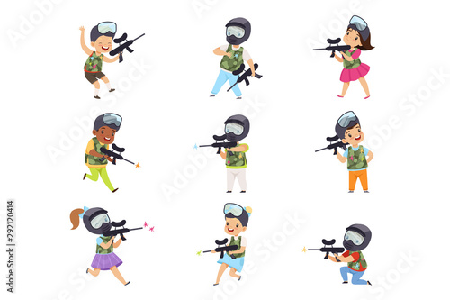 Boys and girls paintball players set, little kids wearing masks and vests playing paintball aiming with guns vector Illustration on a white background