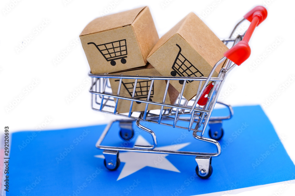Box with shopping cart logo and Somalia flag : Import Export Shopping online or eCommerce finance delivery service store product shipping, trade, supplier concept..