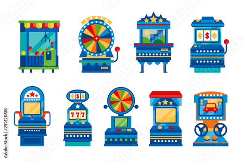 Arcade game machines set, retro casino slot gaming computer machinery vector Illustrations on a white background