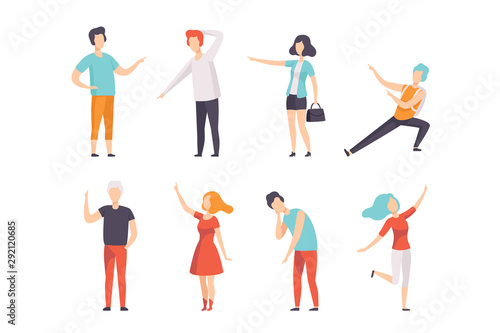People pointing their finger in different directions set, faceless men and women characters gesturing vector Illustrations on a white background