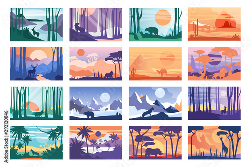 Collection of beautiful scene of nature, peaceful landscape with wild animals in different time of day, templates for banner, poster, magazine, cover horizontal vector Illustration
