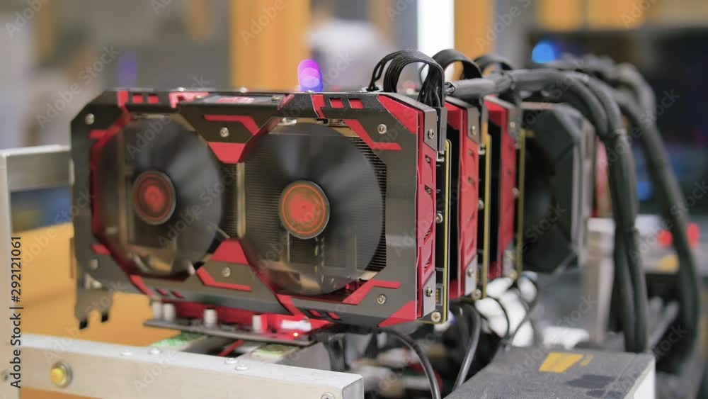 Close Up of Computer Graphics Card Mounted on a Bitcoin Mining Rig. Close Up of Computer Graphics Card Mounted on a Bitcoin Mining Rig.