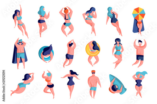 People lying and sunbathing set, young men and women relaxing at the beach vector Illustrations on a white background