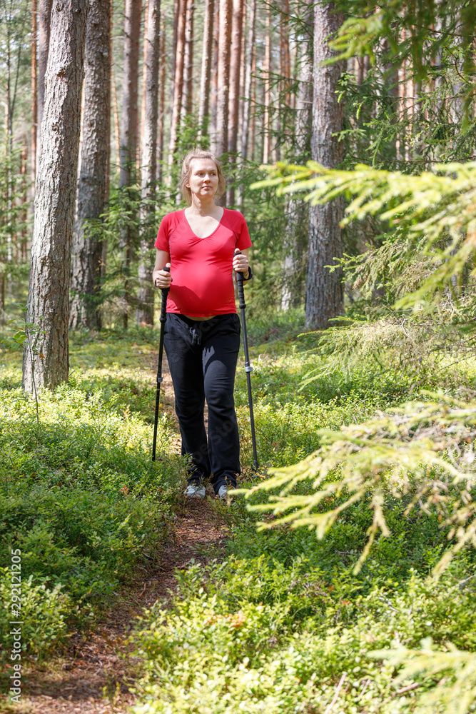 Young pregnant woman walking along a trail through the forest during warm sunny summer day using hiking poles enjoying nature - healthy pregnancy lifestyle concept Young pregnant woman walking along a trail through the forest during warm sunny summer day using hiking poles enjoying nature - healthy pregnancy lifestyle concept