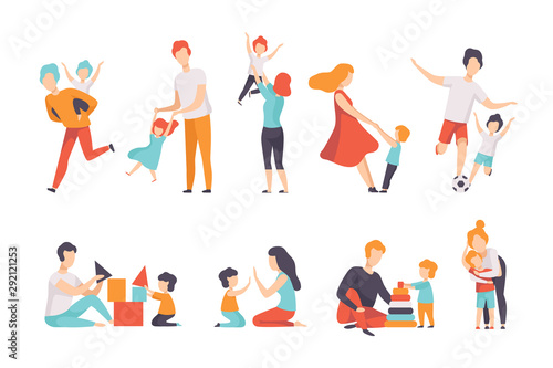 Parents and their kids having good time together set, Mom and Dad playing, doing sports, having fun with their children vector Illustrations on a white background.
