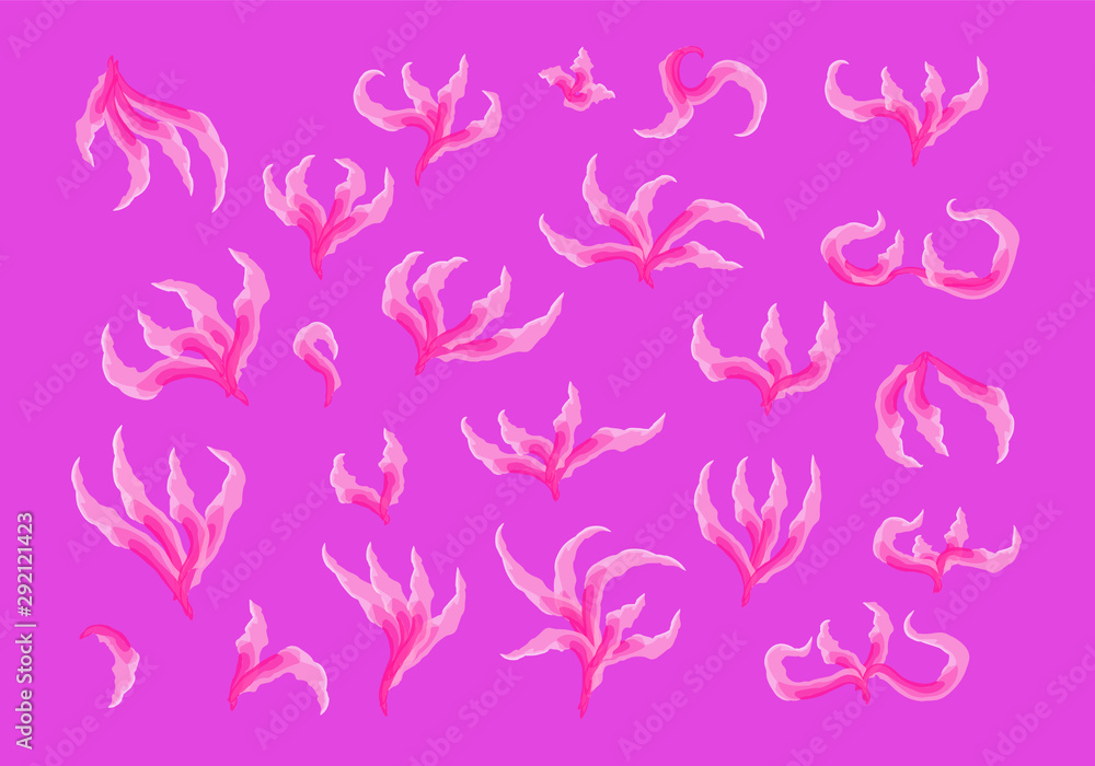Set of symbol, flower, plant made by a digital brush, background of composition violet