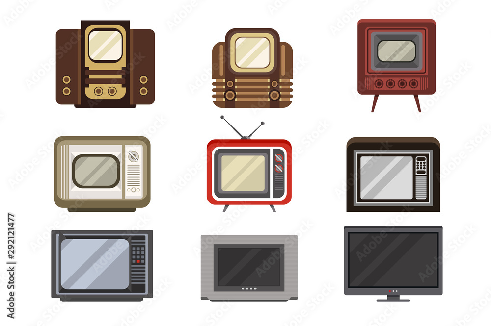 Television receivers set, TV evolution from obsolete to modern vector
