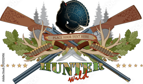 Vector composition on the theme of hunting. Ancient hunting weapons and trophies on the background of nature