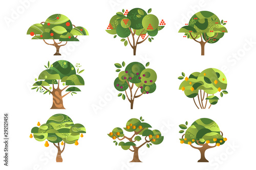 Different fruit trees set, apple, orange, lemon, pear, rowan, apricot, plum, cherry tree with ripe fruits vector Illustrations on a white background