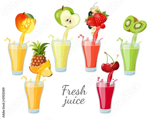 Different fruit juices in glasses with splashes. Mango, pineapple, apple, strawberry, currant, cherry, kiwi. Vector