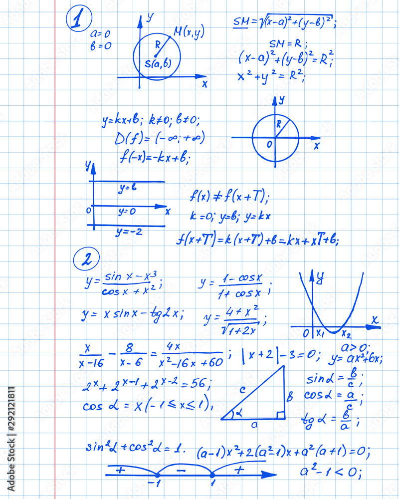Math background with the equations, figures, schemes, plots and other calculations on notebook page. Handwritten vector Illustration. Math background with the equations, figures, schemes, plots and other calculations on notebook page. Handwritten vector Illustration.