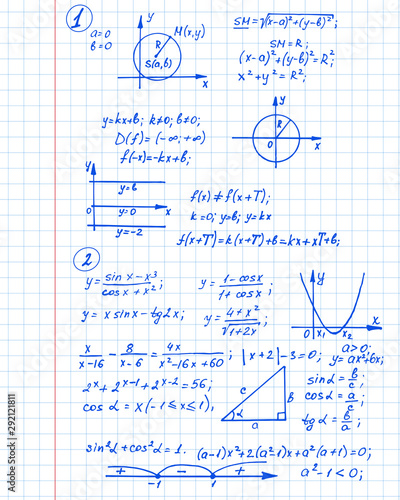 Math background with the equations, figures, schemes, plots and other calculations on notebook page. Handwritten vector Illustration.