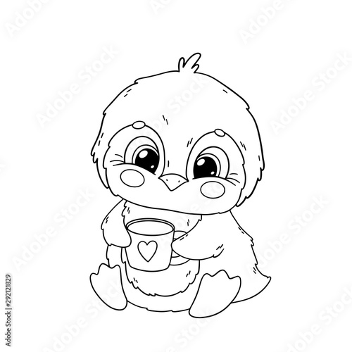 Cute penguin with cup of coffee. Christmas coloring book page