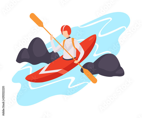 Vector illustration of a character in canoe isolated on a white background.