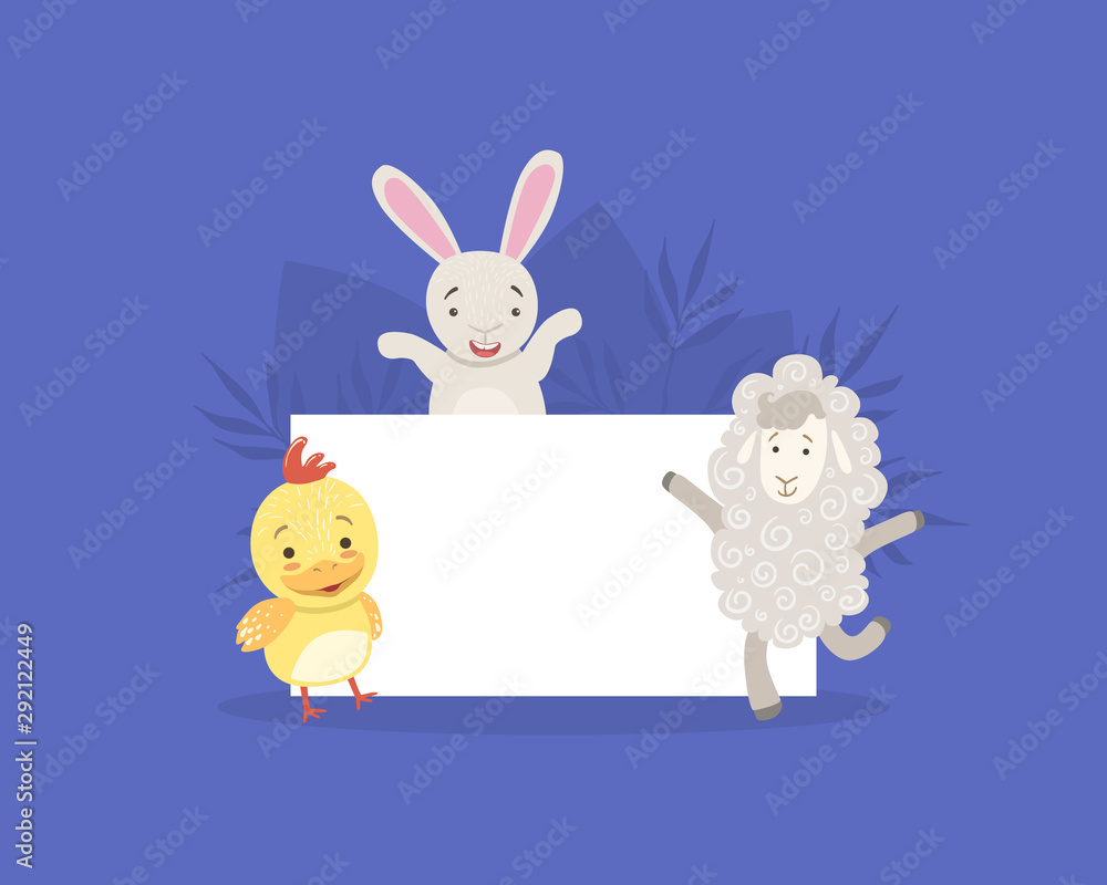 Cute Farm Animals Holding Empty Banner, Bunny, Chicken, Sheep with Blank Sign Board Vector Illustration Cute Farm Animals Holding Empty Banner, Bunny, Chicken, Sheep with Blank Sign Board Vector Illustration