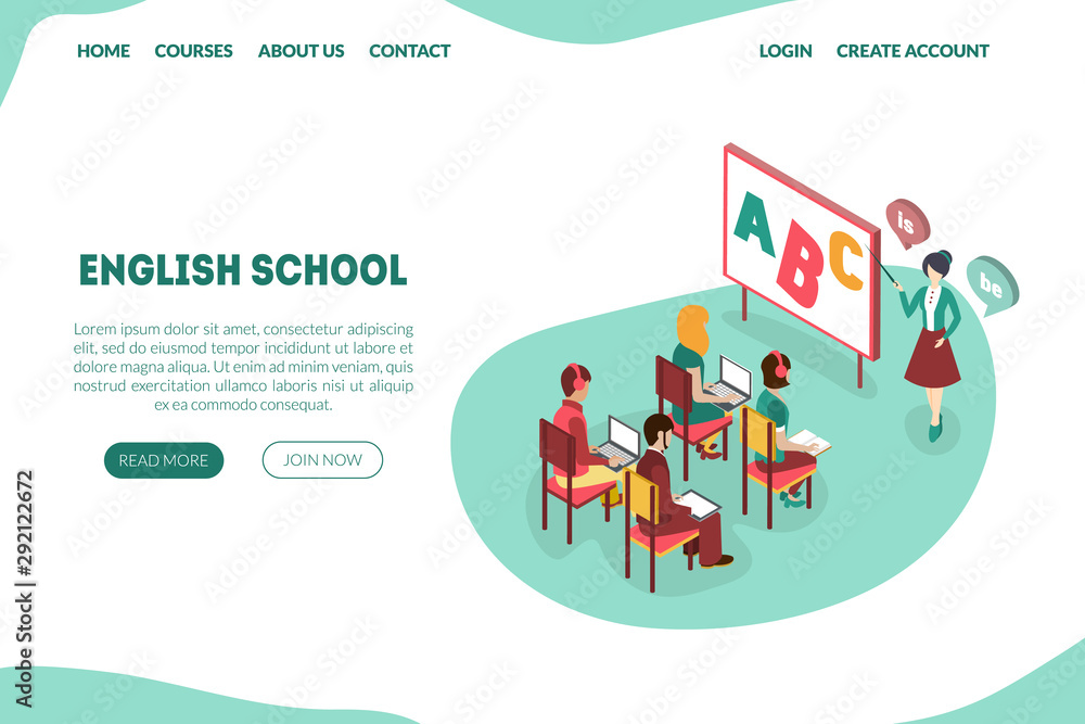 English School Landing Page, Distant Learning, Online Education Website or Mobile App Template Vector Illustration