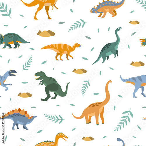 Fototapeta Naklejka Na Ścianę i Meble -  Cute Dinosaurs Seamless Pattern, Prehistoric Animals Design Element Can Be Used for Fabric Print, Wallpaper, Background Vector Illustration