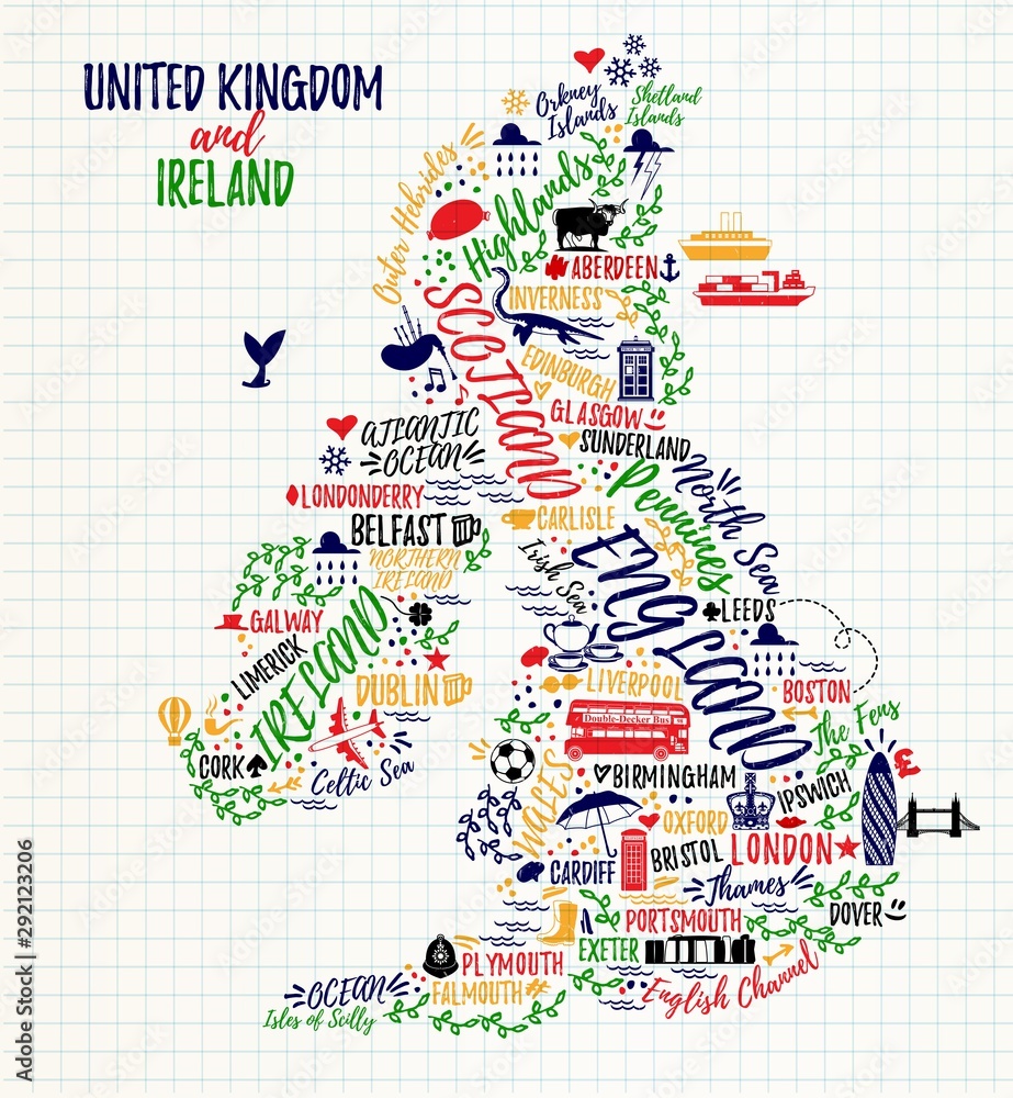 United Kingdom and Ireland Map. Travel Poster with cities and sightseeing attractions.