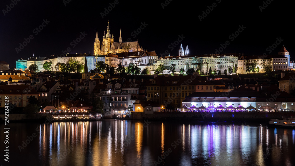 Night view of the Castle, Cathedral and Moldava River in Prague, Czech Republic. Night view of the Castle, Cathedral and Moldava River in Prague, Czech Republic.