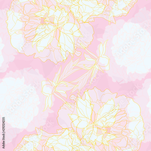 Vector pink abstract elegant festive peony botanical pattern, modern peony blossom in pastel transparent layers. All over print. Perfect for wallpaper, stationary, event, wedding, fashion. Elegant