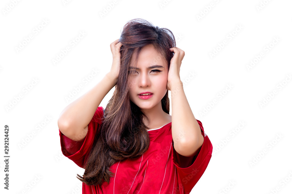 Young beautiful woman with headache isolated on white background. Closeup portrait of beautiful sick girl suffering from head migraine and stress. Health and pain concept. Young beautiful woman with headache isolated on white background. Closeup portrait of beautiful sick girl suffering from head migraine and stress. Health and pain concept.