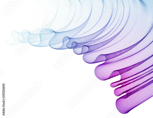 Dynamic particles sound wave flowing, transparent tulle textile on wind. Dotted curves vector abstract background. Beautiful 3d wave shaped array of blended points.