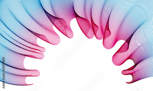 Vector abstract background with wave of flowing particles frame, smooth curve shape lines, particle array flow. 3d shape dots blended mesh, future technology useful border.