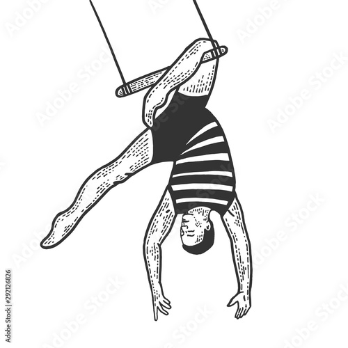 Circus acrobat hanging on trapeze performance sketch line art engraving vector illustration. Scratch board style imitation. Black and white hand drawn image.