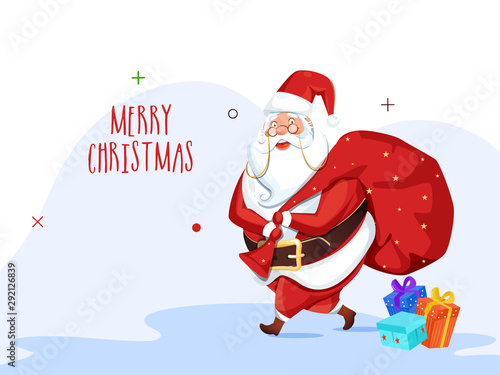 Greeting card design with illustration of santa claus lifting a heavy bag and gift boxes for Merry Christmas celebration.