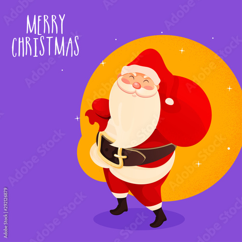 Illustration of santa claus lifting a heavy bag on purple abstract background for Merry Christmas celebration. Can be used as poster design.