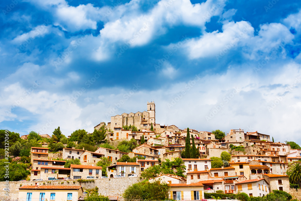 View of village of Eus in Pyrenees-Orientales before rain, Languedoc-Roussillon