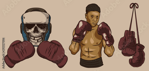 Isolated illustrations of boxer, boxing gloves and dead boxer.