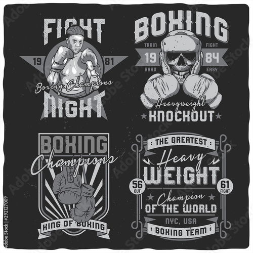 Set of labels for t-shirts. Boxing theme. Black and white. Illustrations with lettering.