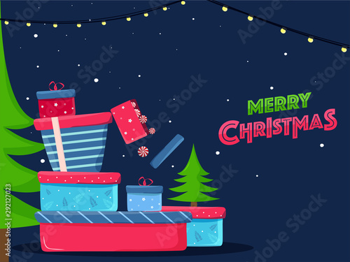 Merry Christmas greeting card or poster design with xmas tree and gift boxes on blue background decorated with lighting garland.