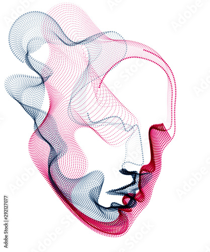 Beautiful futuristic illustration of human head made of dotted particles flow array, wavy shapes lines vector electronic soul of futuristic smart machines.