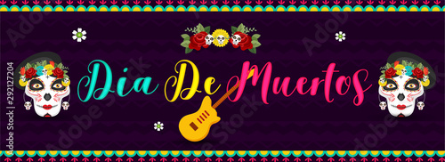 Colorful calligraphy of Dia De Muertos with sugar skulls or calaveras and guitar on purple wavy striped background. Header or banner design.