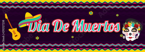 Website header or banner design with Dia De Muertos text with sugar skull or calavera, guitar and sombrero hat on purple wavy striped background.